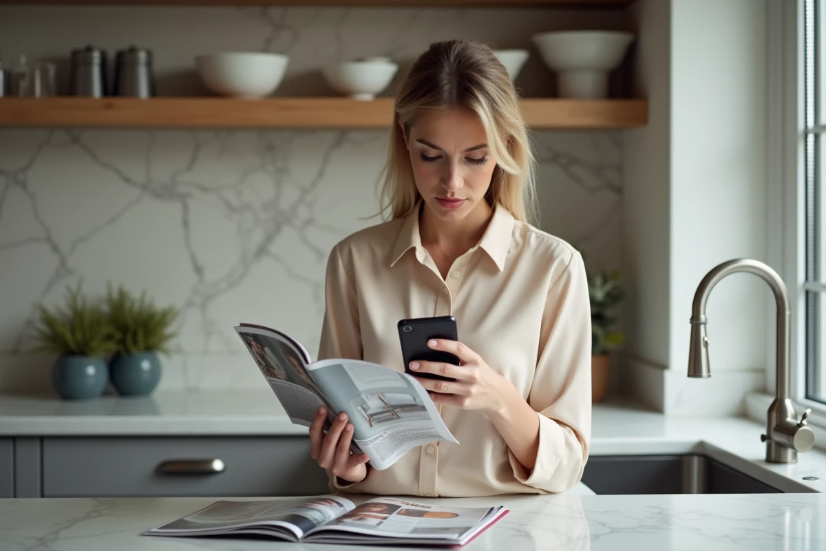 Jeune femme comparant les informations sur son téléphone avant d'acheter un magazine pour éviter les erreurs de commande