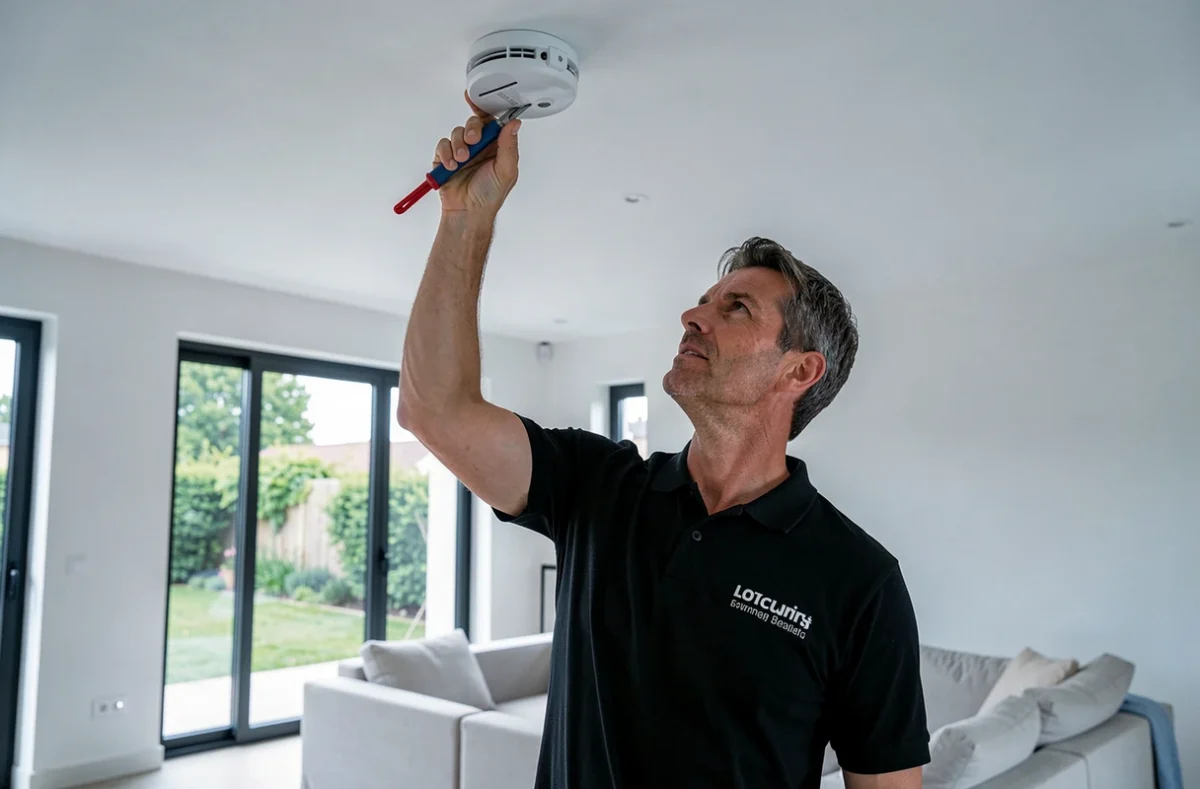 Un technicien d'Actena Sécurité installant un détecteur de fumée et un système d'alarme dans une maison moderne en Lot-et-Garonne