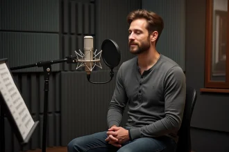 Acteur de doublage masculin enregistrant une voix off dans un studio professionnel devant un microphone à condensateur
