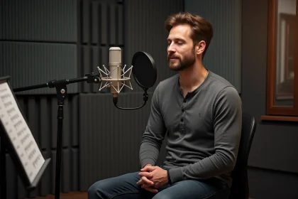 Acteur de doublage masculin enregistrant une voix off dans un studio professionnel devant un microphone à condensateur