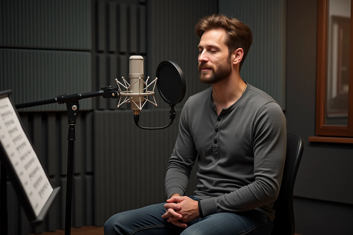 Acteur de doublage masculin enregistrant une voix off dans un studio professionnel devant un microphone à condensateur