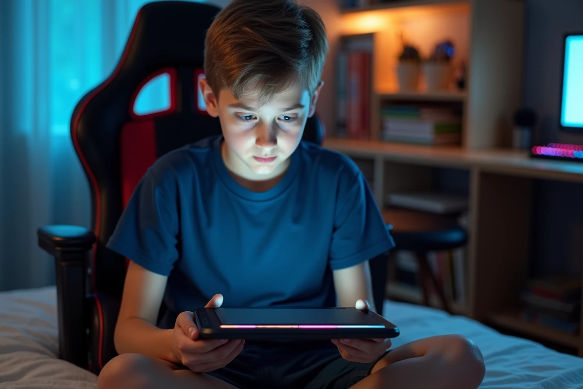 Adolescent hésitant devant un avertissement de sécurité sur une tablette en lisant un scan manga non officiel