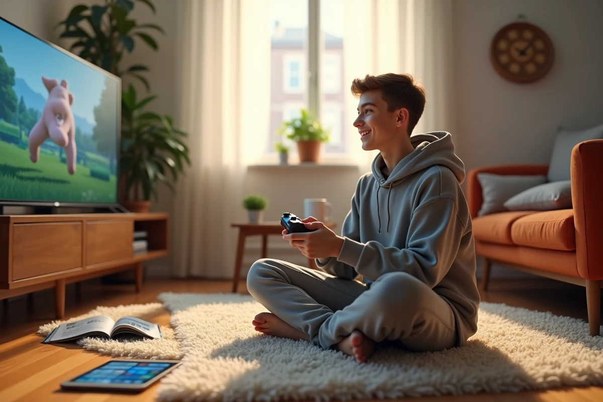 Adolescent jouant à Sims sur la télévision dans un salon cosy