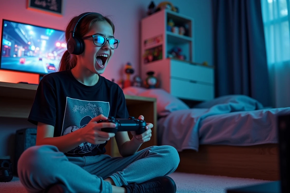 Adolescente jouant à Miles Morales sur PS4 dans sa chambre avec une manette DualShock 4