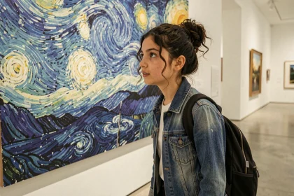 Adolescente découvrant un tableau célèbre de Van Gogh dans un musée d'art moderne, idéal pour illustrer l'histoire de l'art pour enfants et ados
