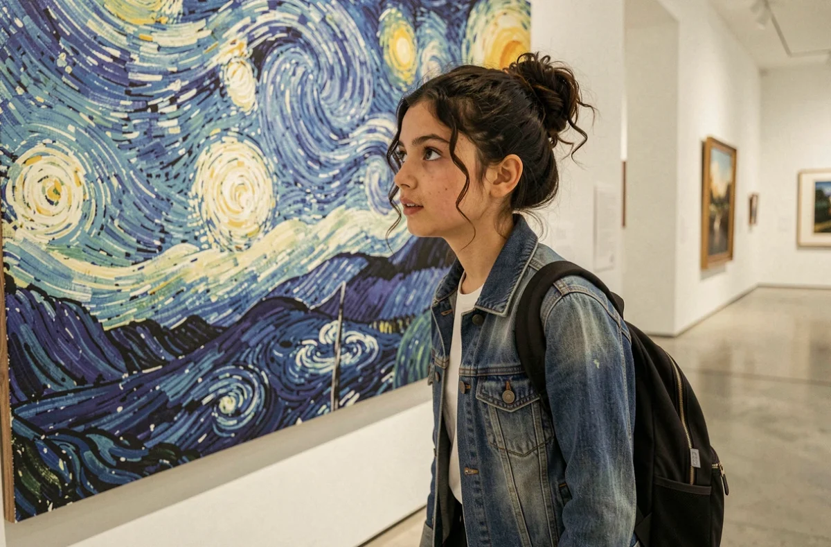 Adolescente découvrant un tableau célèbre de Van Gogh dans un musée d'art moderne, idéal pour illustrer l'histoire de l'art pour enfants et ados