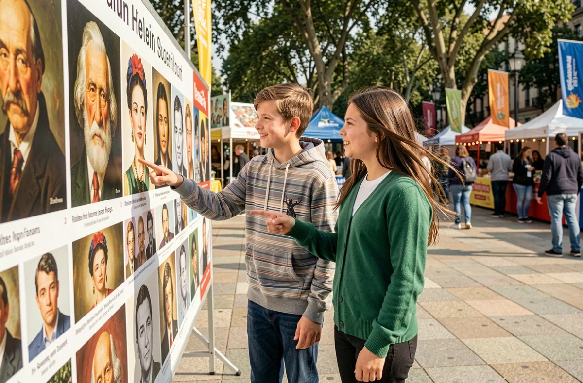 Deux adolescents explorant une exposition en plein air sur les grands peintres célèbres, initiation à l'histoire de l'art pour les jeunes