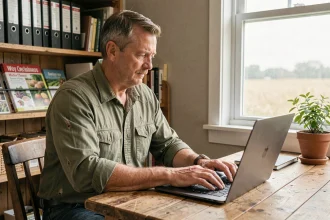 Agriculteur tapant une publication sur un forum agricole depuis son bureau de ferme
