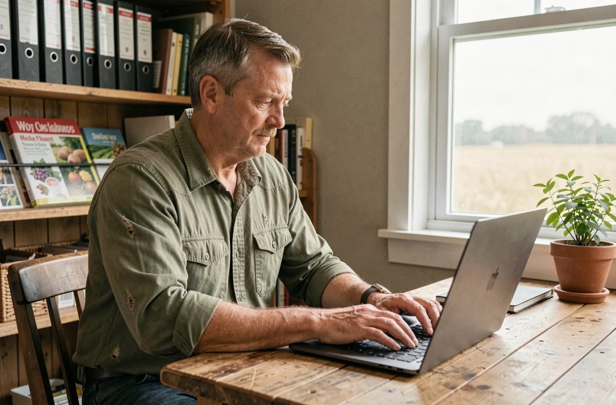 Agriculteur tapant une publication sur un forum agricole depuis son bureau de ferme