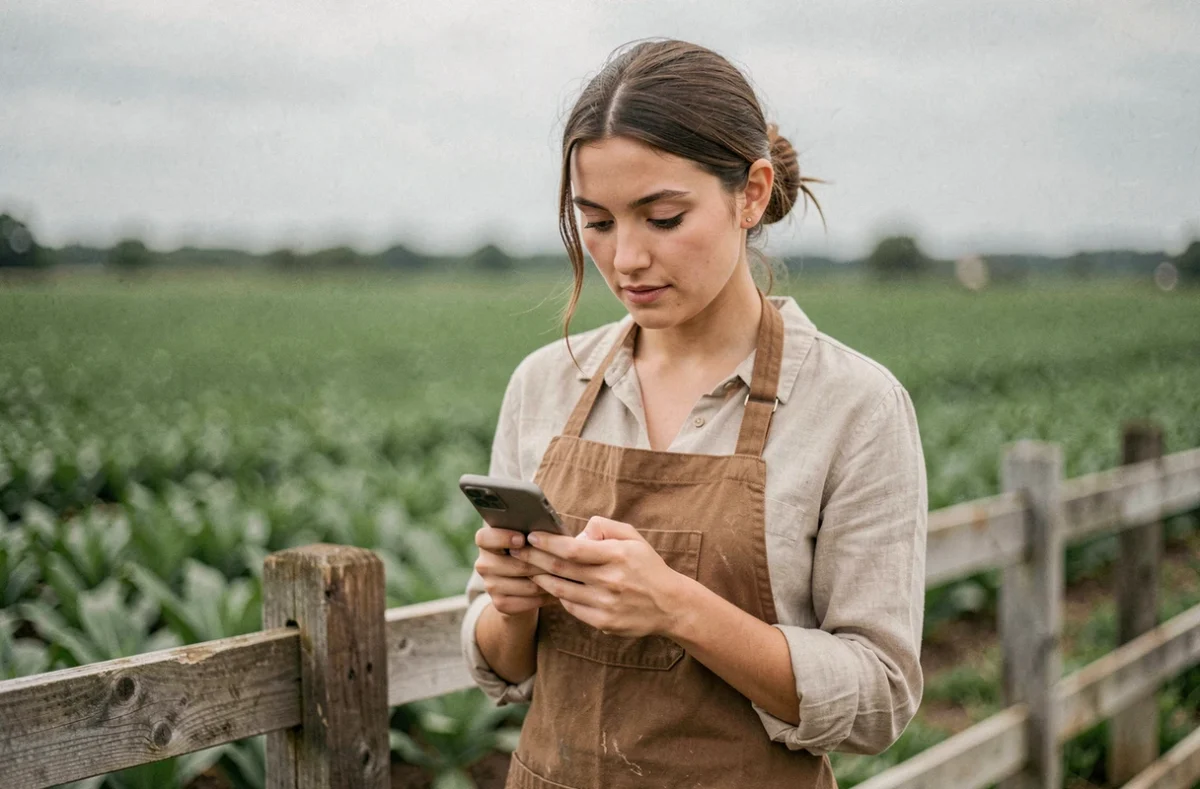 Jeune agricultrice consultant un forum agricole sur smartphone dans un champ