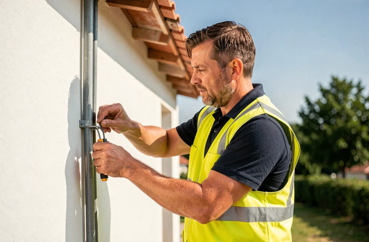 Un technicien Ajelec posant des conduits électriques sur la façade d'une maison résidentielle en Lot-et-Garonne