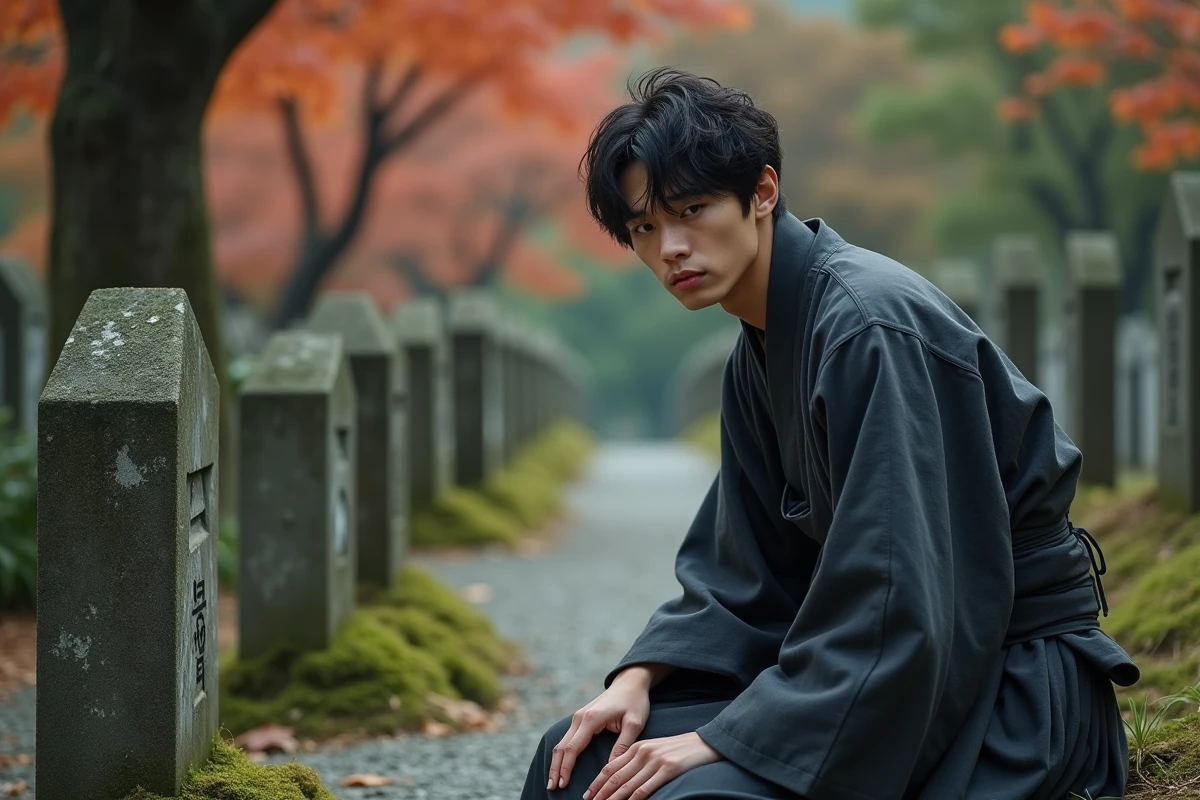 Jeune homme japonais en tenue traditionnelle posant la main sur une stèle funéraire en pierre mousseuse dans un cimetière rural automnal, scène évoquant le deuil et la tragédie du passé d'Akaza dans Demon Slayer