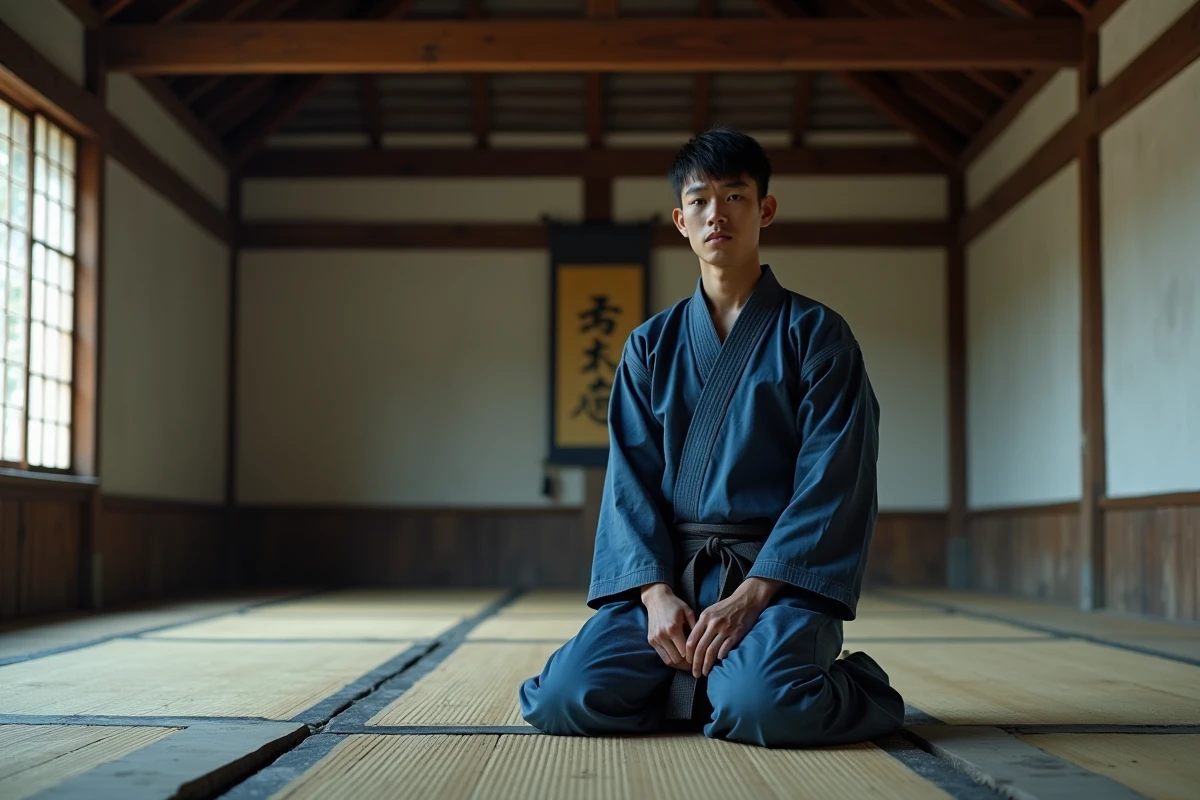 Homme japonais agenouillé dans un dojo traditionnel délabré, vêtu d'un gi d'entraînement indigo, illustrant la vie passée et la douleur intérieure du personnage Akaza de Demon Slayer