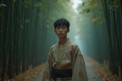 Jeune homme japonais en kimono traditionnel usé dans une forêt de bambous brumeuse, expression mélancolique évoquant le passé humain tragique d'Akaza dans Demon Slayer