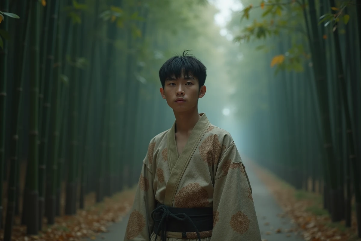 Jeune homme japonais en kimono traditionnel usé dans une forêt de bambous brumeuse, expression mélancolique évoquant le passé humain tragique d'Akaza dans Demon Slayer