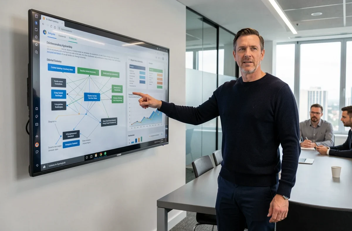 Professionnel présentant un tableau de bord algorithmique éditorial en salle de réunion, symbolisant le lien entre données et contenu