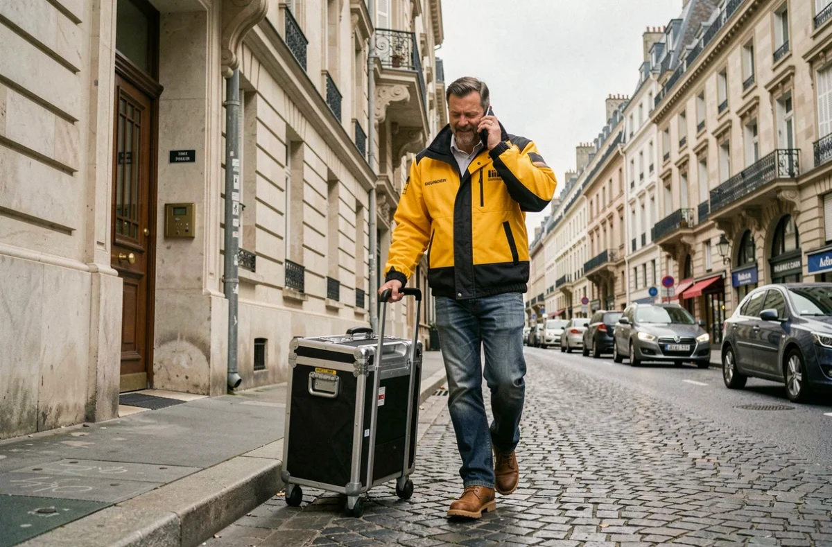 Un serrurier d'Allo-Serrurier Pantin arrive en urgence devant un immeuble résidentiel avec sa mallette à outils
