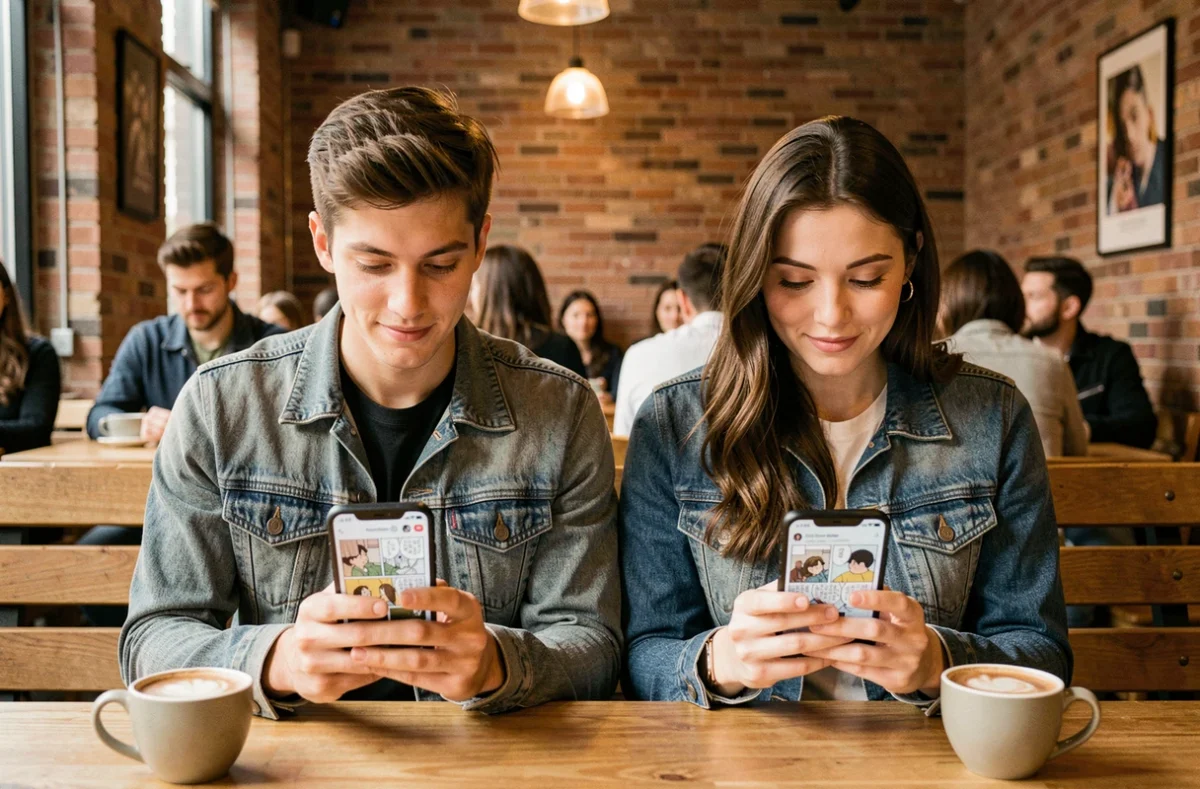 Deux amis lisant des mangas en ligne sur leurs smartphones dans un café urbain tendance