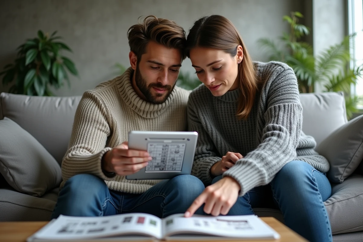 Deux amis résolvant ensemble des énigmes Rooms et Exits avec un guide de solution imprimé et une tablette dans un salon moderne