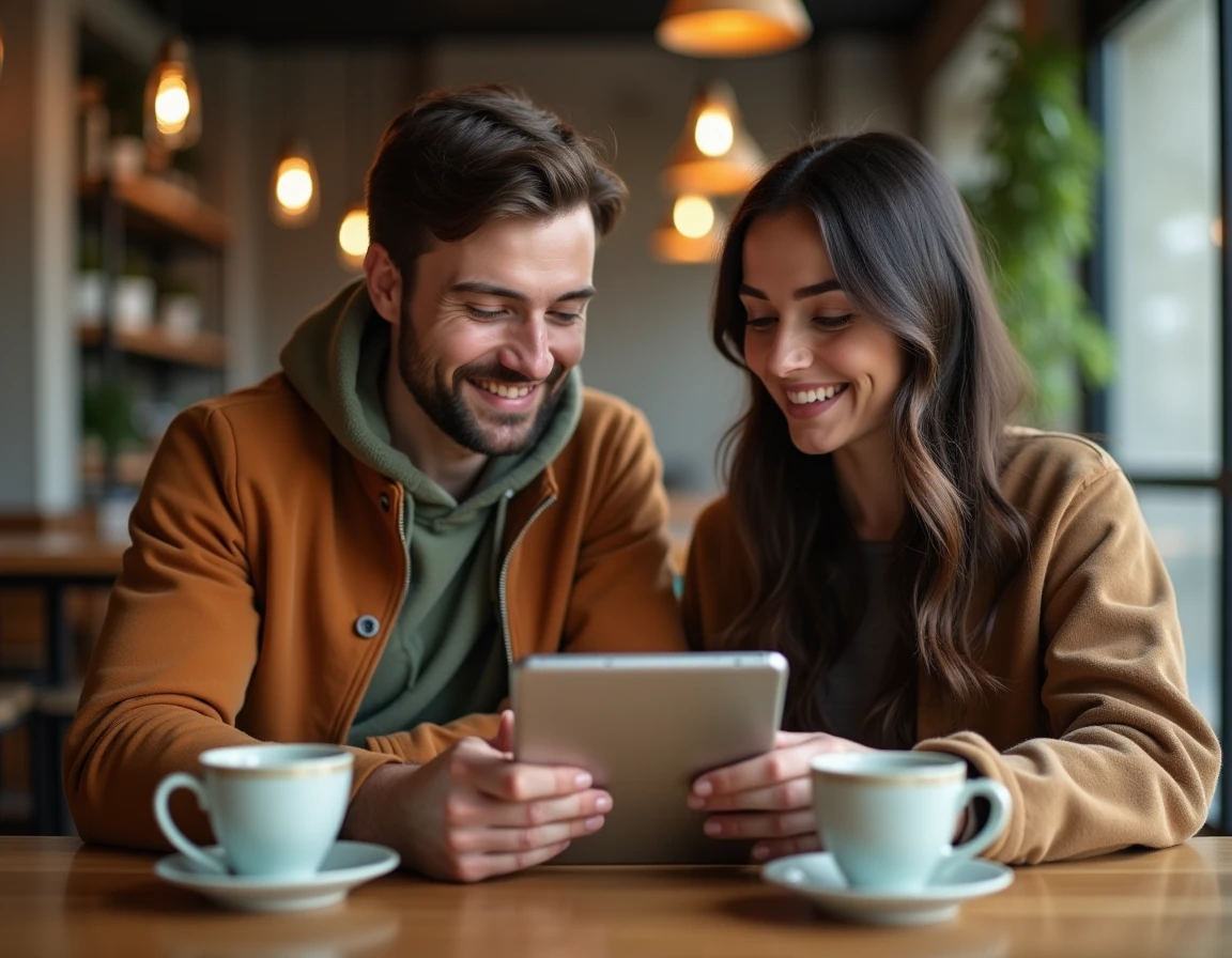 Deux amis jouant ensemble à un jeu de mots sur tablette attablés dans un café urbain avec murs en béton
