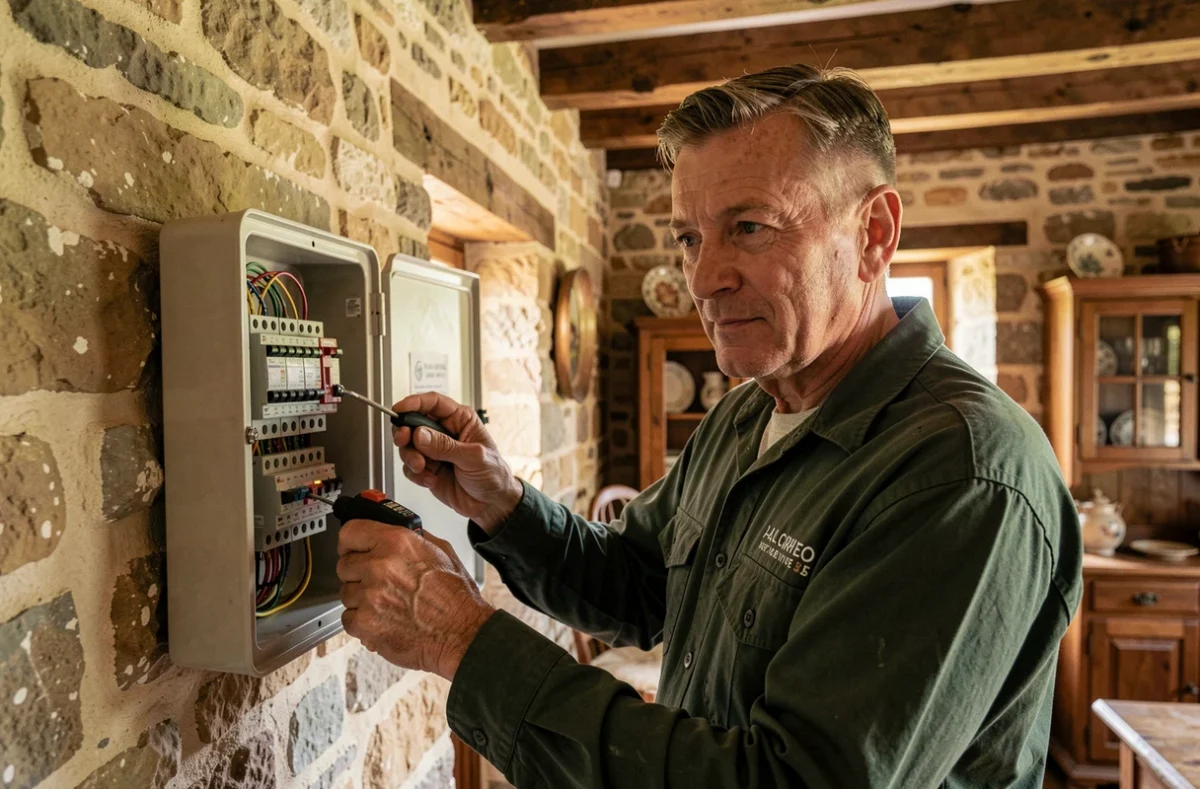 Jacques Amouroux Electricité, un électricien expérimenté effectuant une maintenance sur un tableau de fusibles dans une ferme traditionnelle du Lot-et-Garonne