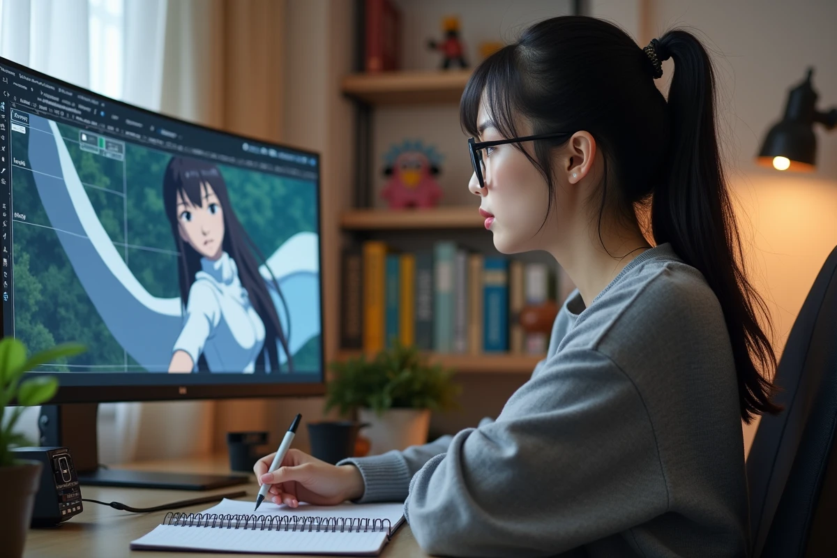 Analyste de manga adulte étudiant le personnage de Tia Halibel sur un écran d'ordinateur avec prise de notes
