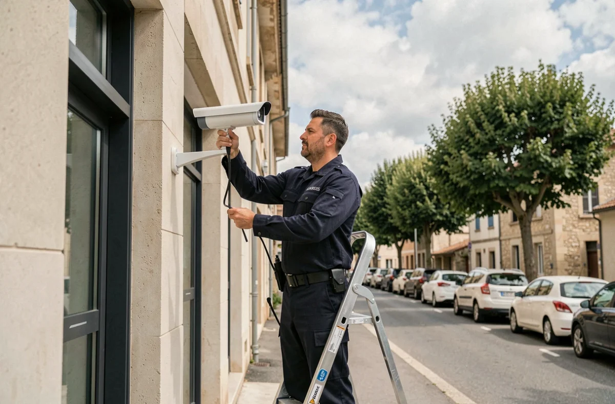 Un technicien Ariane Sécurité Communication montant une caméra de surveillance sur la façade d'un bâtiment commercial en Lot-et-Garonne