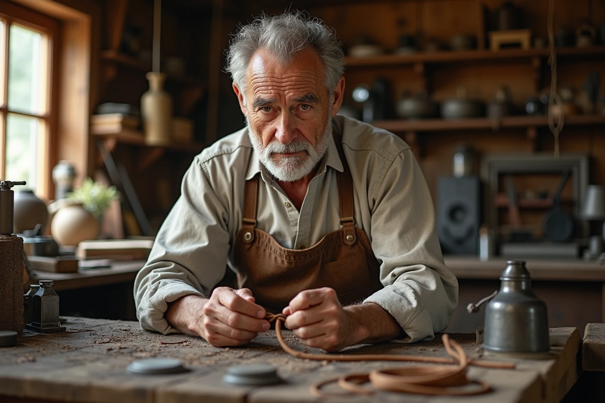 Artisan assemble un pendentif vegvisir en atelier rustique