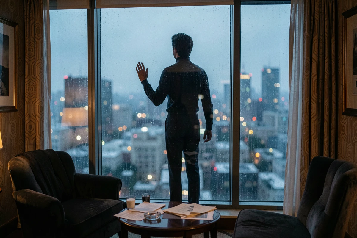Homme seul face à une fenêtre de chambre d'hôtel regardant la ville, évoquant l'isolement et la détresse psychologique d'un artiste célèbre