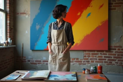 Artiste contemporaine devant une grande peinture futuriste aux traits dynamiques dans un atelier industriel