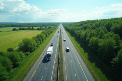 Autoroute moderne entre Montreal et Quebec ensoleillee