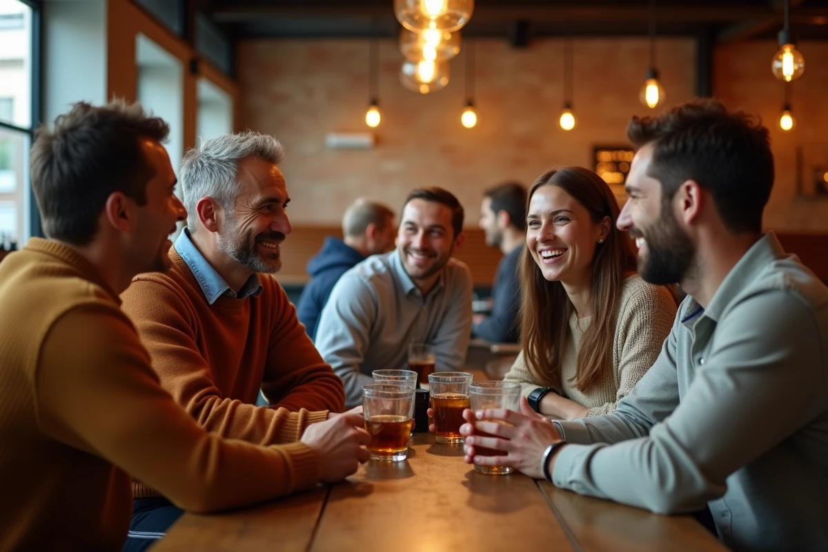 Groupe de personnes souriantes discutant dans un bar lounge moderne de Lille, ambiance conviviale et détendue