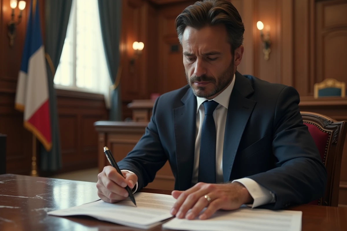 Avocat en costume marine consultant des documents juridiques dans une salle d'audience française, illustrant la procédure de rejet d'une demande en droit