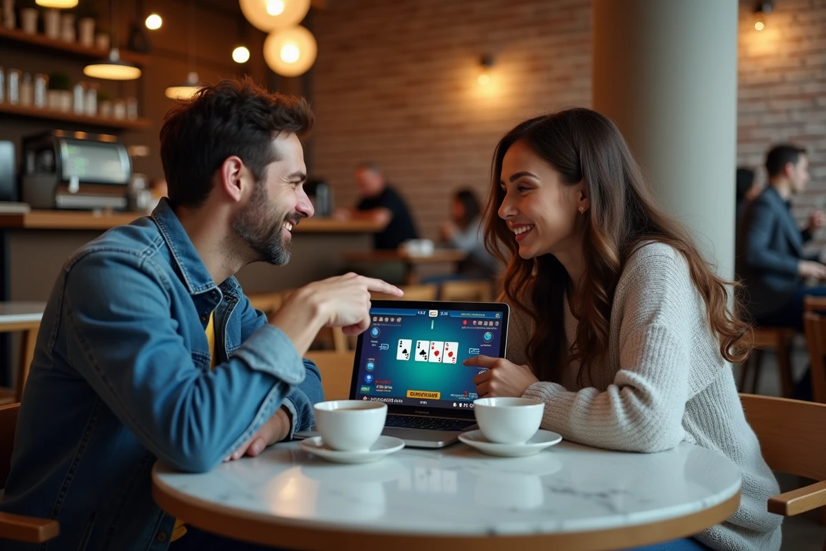 Deux amis jouant ensemble à la belote coinchée en ligne dans un café