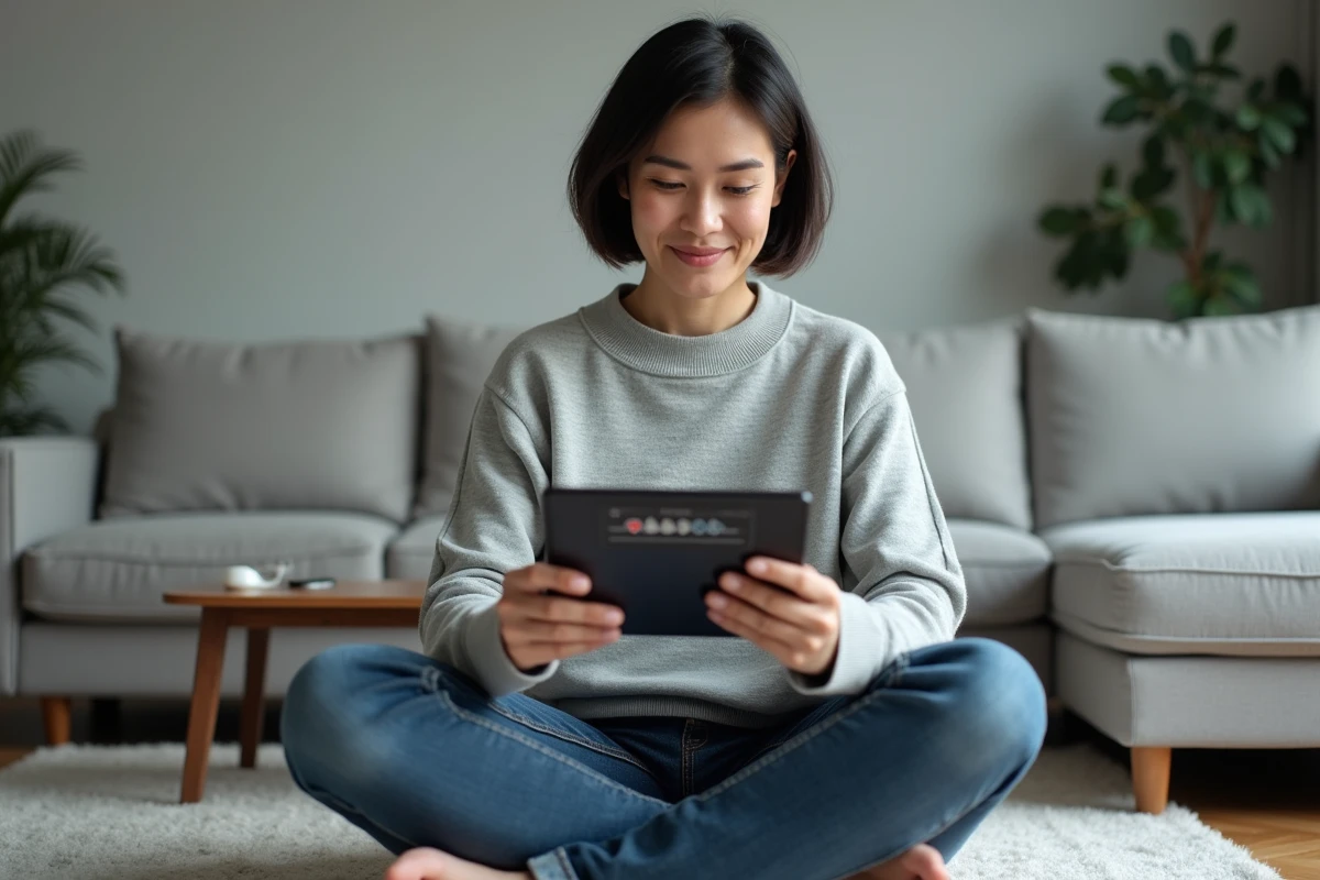Femme jouant à la belote coinchée en ligne sur tablette dans un salon moderne