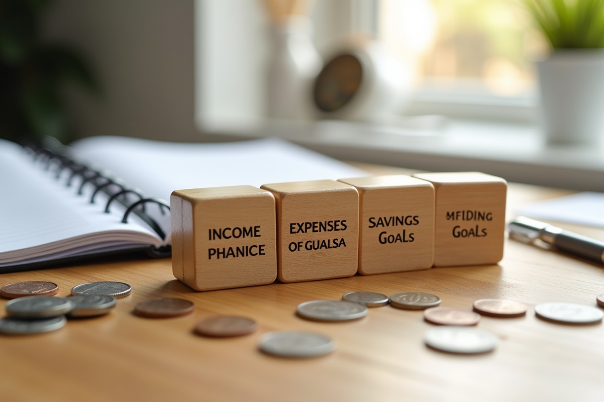 Blocs en bois avec mots finances et économies sur un bureau bien éclairé