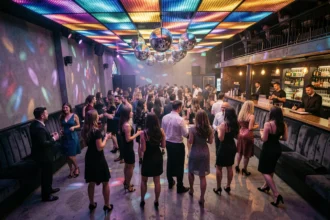 Vue panoramique d'une boîte de nuit animée dans les Yvelines, piste de danse bondée et ambiance électrique