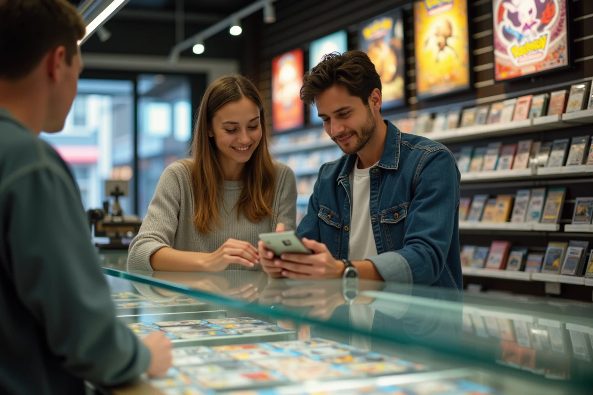 Deux collectionneurs adultes examinant des cartes Pokémon rares dans une boutique spécialisée avant les nouvelles sorties