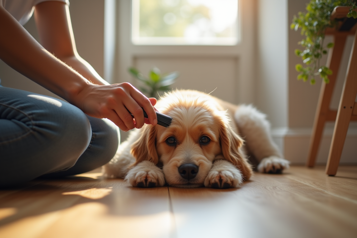 Gros plan sur mains brossant un chien à poil court sur un sol en bois