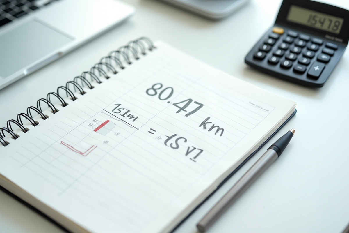 Bureau avec calculatrice et carnet pour convertir miles en km