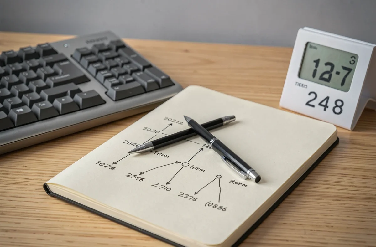 Vue rapprochée d'un bureau minimaliste avec un carnet de calcul de dates, un calendrier numérique et un clavier mécanique