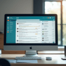 Espace de travail moderne avec ordinateur affichant une messagerie académique