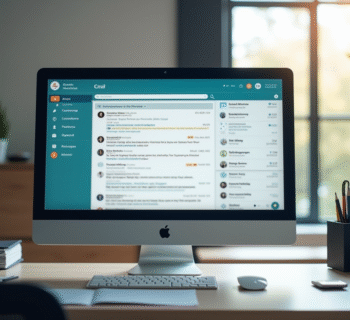 Espace de travail moderne avec ordinateur affichant une messagerie académique