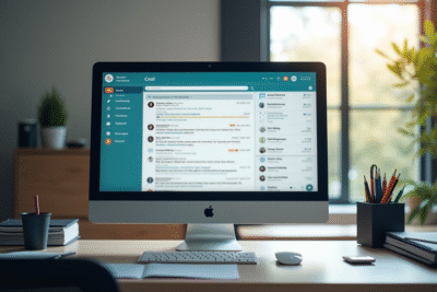 Espace de travail moderne avec ordinateur affichant une messagerie académique