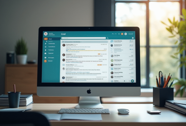 Espace de travail moderne avec ordinateur affichant une messagerie académique