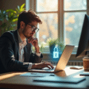 Personne dans un bureau moderne avec cadenas digital pour la privacy
