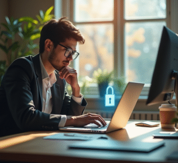 Personne dans un bureau moderne avec cadenas digital pour la privacy