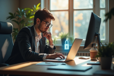 Personne dans un bureau moderne avec cadenas digital pour la privacy