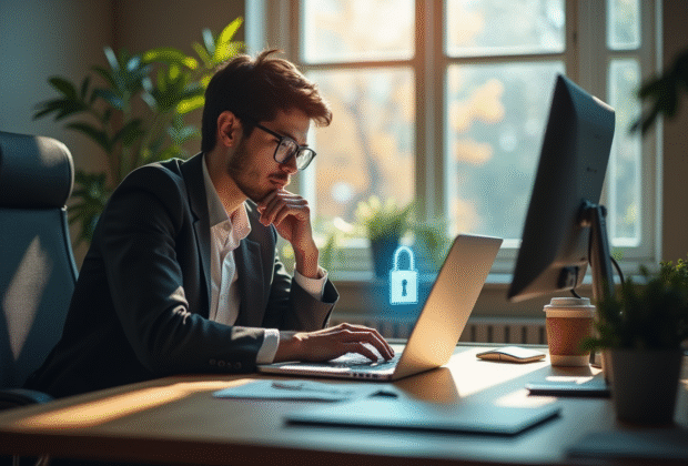Personne dans un bureau moderne avec cadenas digital pour la privacy