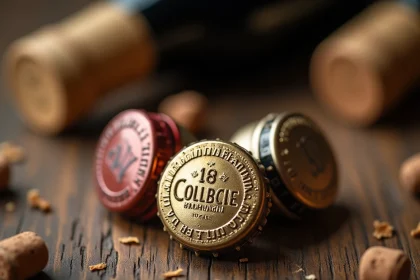 Trois capsules de bouteilles de champagne vintage posées sur une table en chêne vieilli, montrant leurs reliefs gravés et leur patine dorée caractéristiques de collection